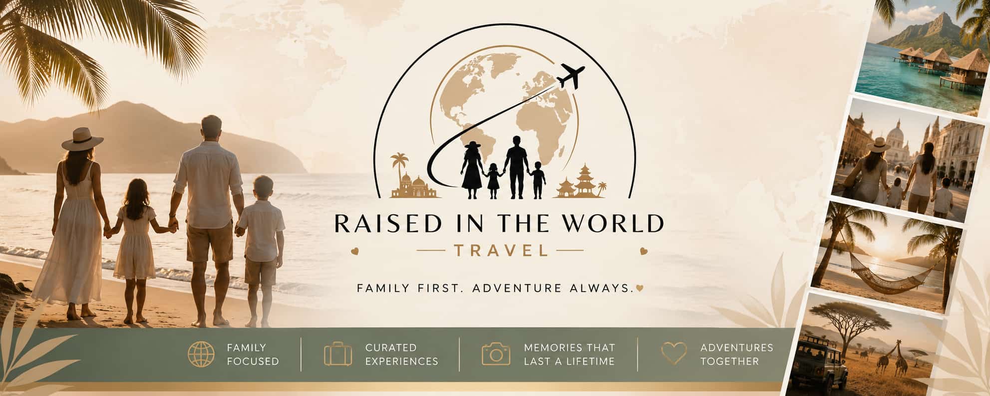 Raised in the World cover: a family on the beach, the travel logo, and destination photos